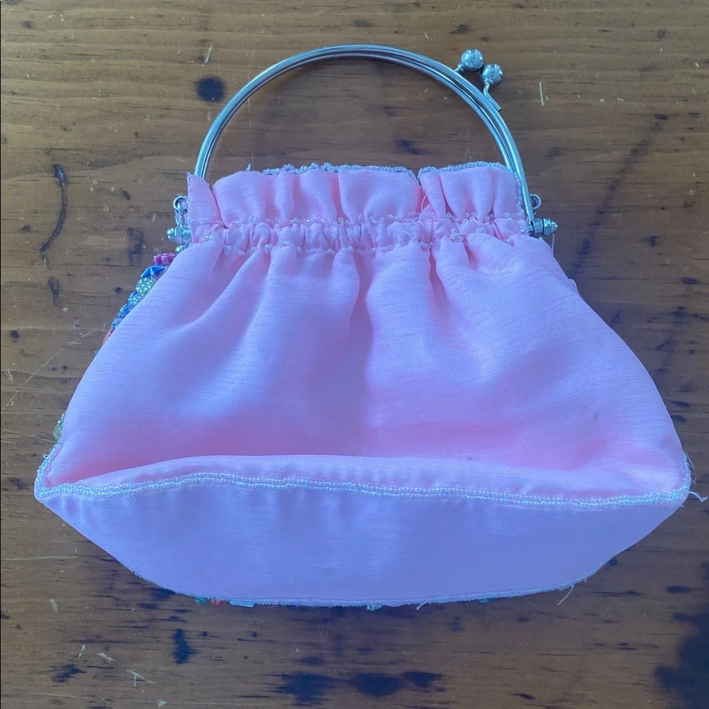 Vintage La Viola fun beaded crossbody handbag kiss closure pink sateen quirky - Picture 8 of 13